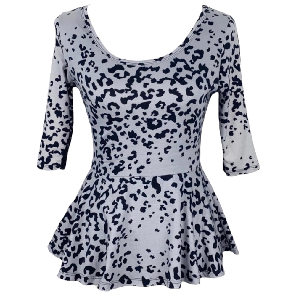 M NEW Dots Gray Black Leopard Print Half Sleeve Mesh Lace Back Peplum Tee Top